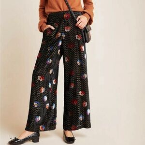 Anthropologie Eva Franco Pasquette Black Floral Wide-Leg High Waist Pants Size 6
